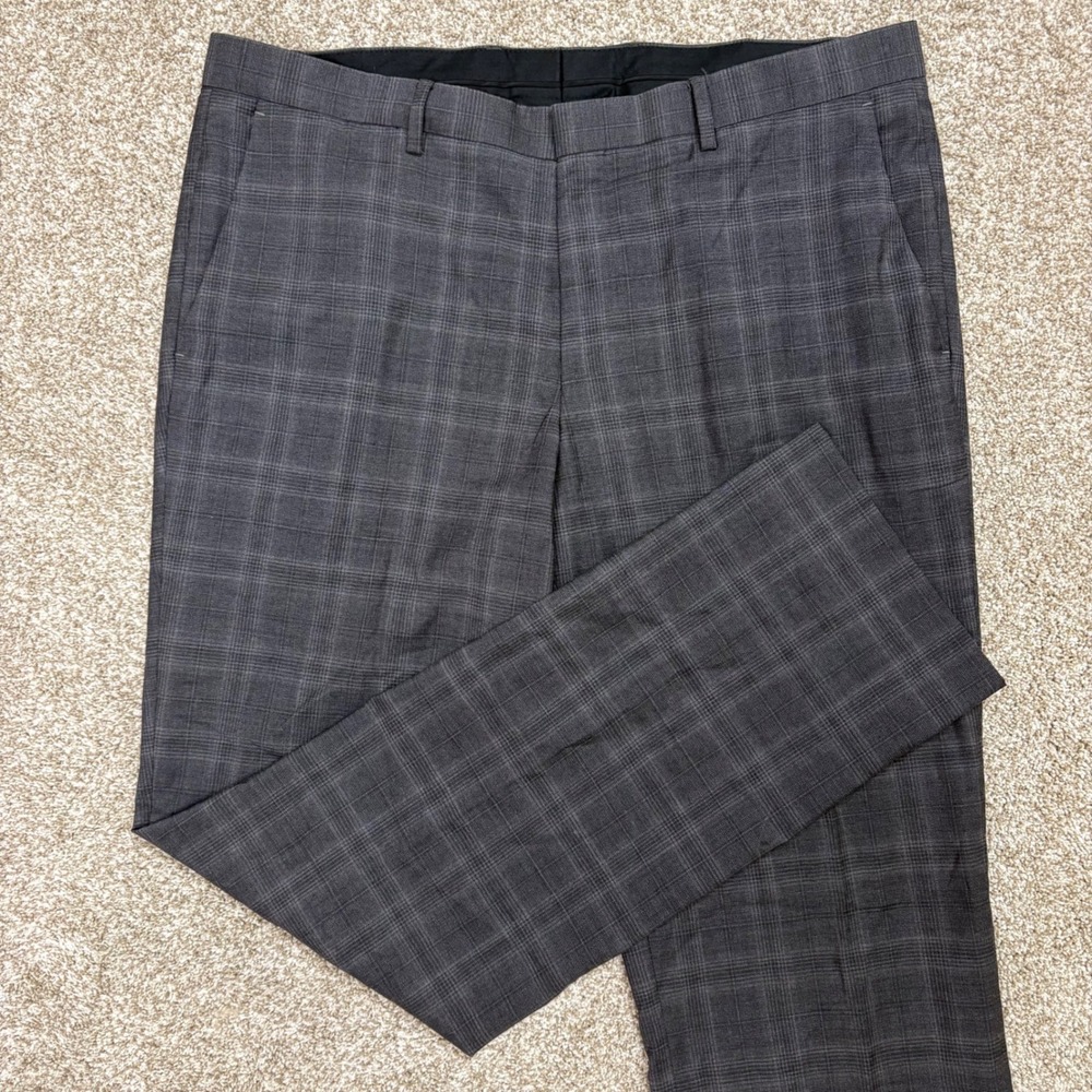 Hugo Boss Gander Dress Pants Mens 44L Glen Plaid Virgin Wool Grey Suit Trousers